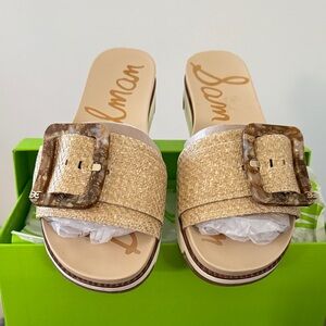 Sam Edelman Tan Slide Sandals with Tortoise Buckle